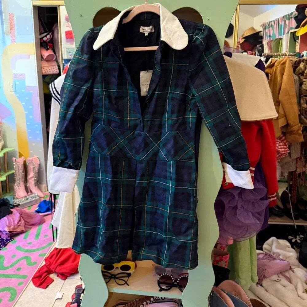 Paul & Joe made in France  green plaid mini dress with collar sz 36 new - Picture 5 of 8
